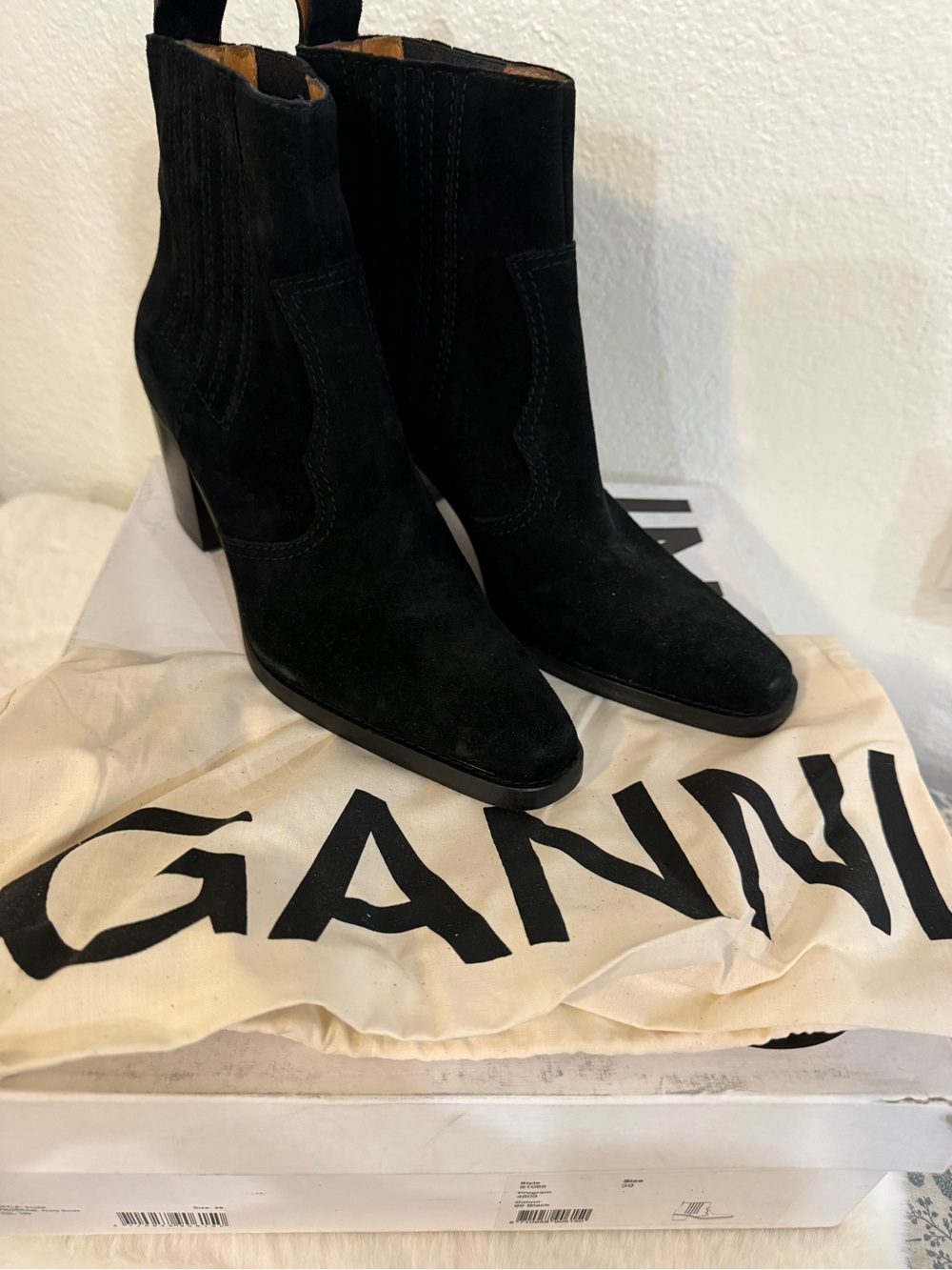 Ganni Black Suede Pointed Toe Ankle Boots